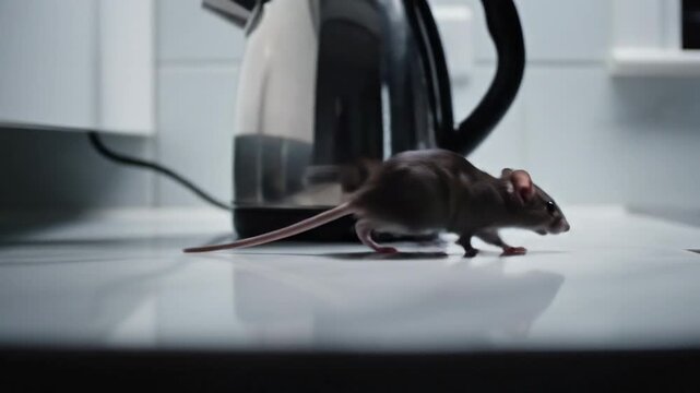 Small mouse scurrying across a kitchen counter near a kettle