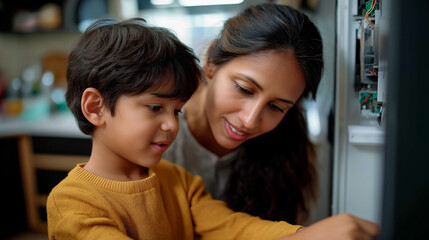 Obraz premium Faceless Indian mother teaching son home repair defocused kitchen background anonymous family DIY cabinet improvement generational skill transfer domestic maintenance education