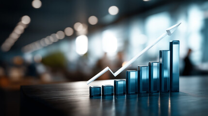 Sleek bar chart with ascending arrow in corporate setting heavily defocused background symbolizing business performance improvement strategic leadership visualization sustained