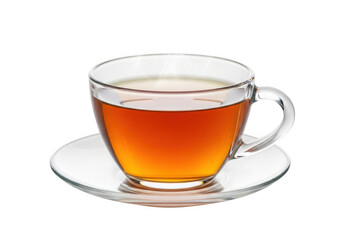 A clear glass teacup filled with hot amber tea, resting on a matching saucer, isolated on transparent background