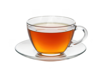 A clear glass teacup filled with hot amber tea, resting on a matching saucer, isolated on transparent background