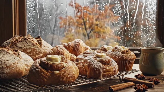 Freshly baked bread and pastries on a cooling rack by a rainy window. Cozy autumn scene with a steaming cup of coffee and cinnamon rolls. Homemade comfort food concept