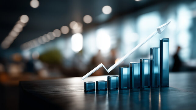 Sleek bar chart with ascending arrow in corporate setting heavily defocused background symbolizing business performance improvement strategic leadership visualization sustained