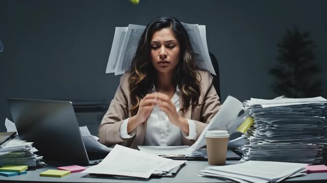 Woman overwhelmed by flying papers in cluttered office desk. Stressed professional covering face amid stacks of documents and laptop. Administrative burden burnout and work stress concept