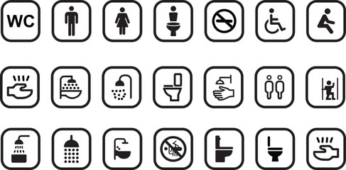 Toilet icon set with WC signage featuring washroom symbols for male, female, unisex, accessible restroom, baby changing room, shower, handicap access, and no-smoking sign. Public bathroom pictogram co