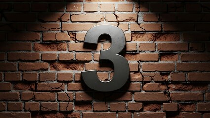 Dramatic Spotlight on Metallic Number Three Against Grungy Old Brick Wall Background: A High-Detail 3D Render Illustrating Countdown, Anniversary, or Achievement Marking.