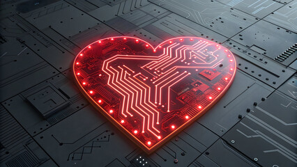 Glowing red heart shaped circuit board on dark digital full hd 4k stock image download background technology