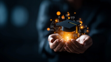 Faceless hands holding glowing graduation cap defocused educational icons background anonymous person surrounded by learning symbols representing knowledge and professional