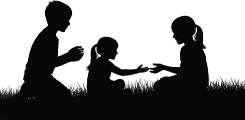 Children silhouette icon set, black illustration of sitting and sharing on grass, outdoor play and childhood interaction concept graphic