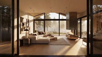 Slow smooth aerial tour of modern wooden house in misty pine forest. Exterior landscape transitions to cozy interior with large windows and fireplace. Harmony of architecture and nature.