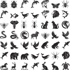 Fototapeta premium 49 Set Black and white of various animals and insects in different poses animal insect black and white wildlife