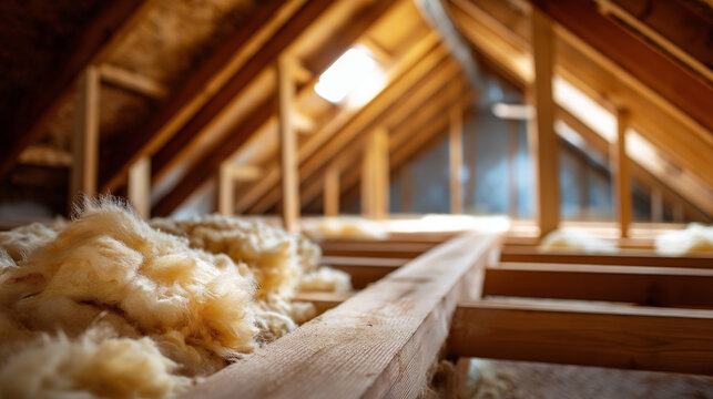 Attic insulation installation for home energy efficiency heavily defocused roof background preventing heat loss through structure thermal resistance improvement saving on