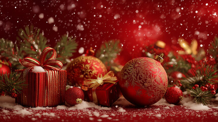 Luxury Christmas Decorations with Red Baubles, Gift Boxes, Golden Ribbons, Snowy Pine Branches and Festive Red Background