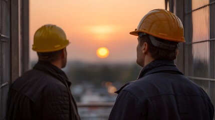 Two construction workers wearing hard hats stand side by side looking at the breathtaking sunset over a cityscape from a high elevated platform