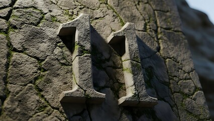 Weathered Number 11 Carved into an Ancient Stone Wall Covered in Green Moss and Lichen. Detailed 3D Render of Grunge Texture, Historical Counter, and Anniversary Date.