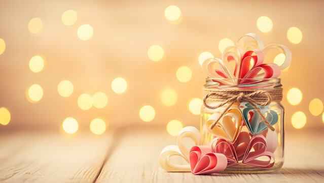 Creative glass jar filled with colorful paper hearts and a lovely holiday ambiance for festive