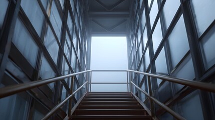 Obraz premium A utilitarian metal staircase ascends into a bright foggy opening creating a mysterious transition