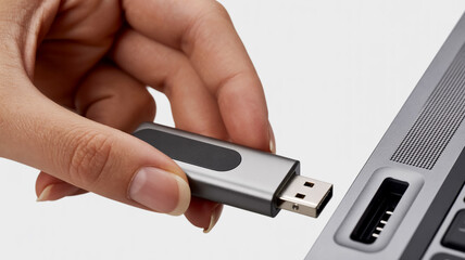 Macro shot of a sleek metallic data device being connected by neat hands to a modern laptop port on a clean white background.