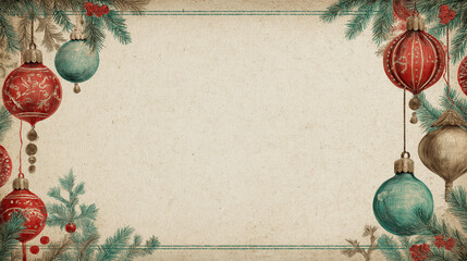 Classic Christmas poster background with retro typography textured paper vintage ornaments muted red green tones centered empty space PowerPoint design