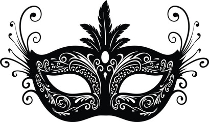 Elegant black and white masquerade mask silhouette adorned with intricate baroque swirls and decorative feathers for a mysterious event