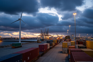 An expansive view of a shipping container yard at dusk, with cranes and wind turbines silhouetted against a stunning sunset sky, highlighting industry and modernity.