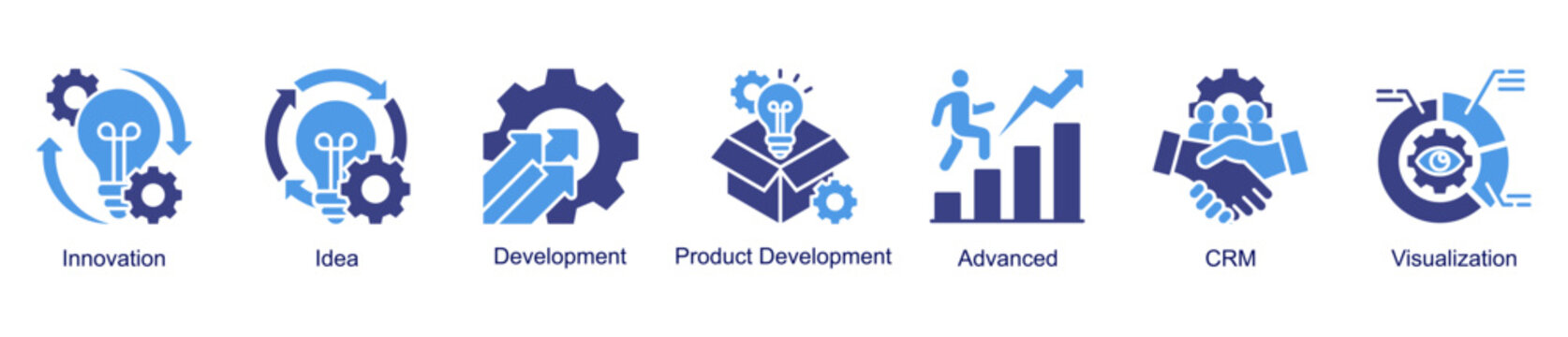 Innovation and development web banner icon vector illustration for creative growth with innovation, ideas, visualization, advanced tools, CRM, and product development icons.