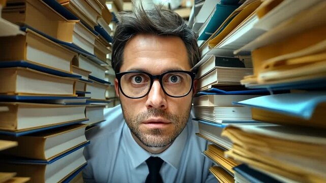 Working through a large stack of files in a busy office environment during the afternoon