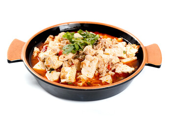 Traditional Mapo Tofu with Pork - Authentic Chinese Dish in Clay Pot