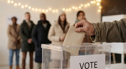 A Person Casting a Vote in a Ballot Box with People Waiting in Line
