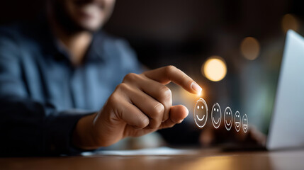 Customer satisfaction measurement visualization defocused service background improves experience builds loyalty enhances trust drives feedback representation client happiness