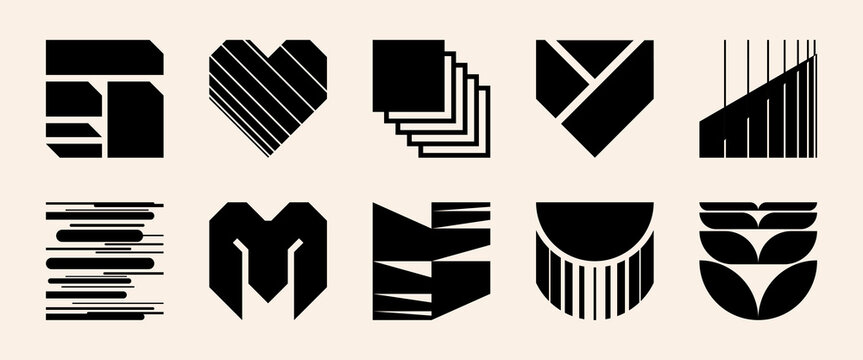 Abstract brutal shape logo element set. Minimalist brutalist vector icon with y2k geometry and halftone detail. Futuristic tech graphic supports bold postmodern brand identity and emblem design.