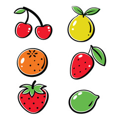 Colorful cartoon fruits including cherries lemons watermelon and lime