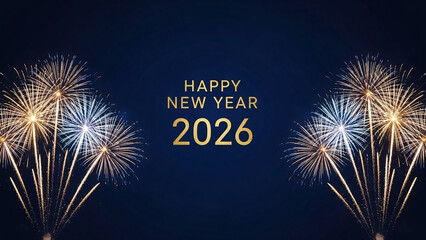 Happy New Year 2026 shimmering gold text centered on a deep navy blue background with bursts of fireworks.