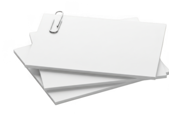 A stack of blank white paper sheets held together by a silver paperclip, isolated on transparent background