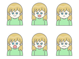 いろんな表情をしている女性のイラスト①　金髪×緑