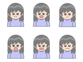 いろんな表情をしている女性のイラスト①　黒髪×紫