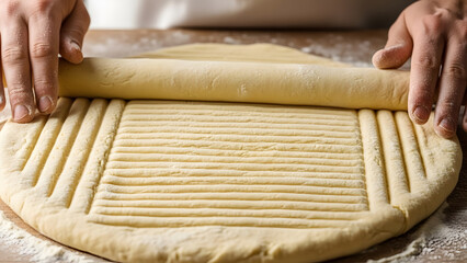 Close Up of Baker Rolling Dough on Wooden Surface to Prepare Homemade Pasta