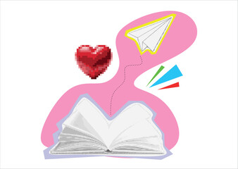 drawing of open book with flying paper plane. Vector  Stories Taking Flight from the Heart. Creative collage