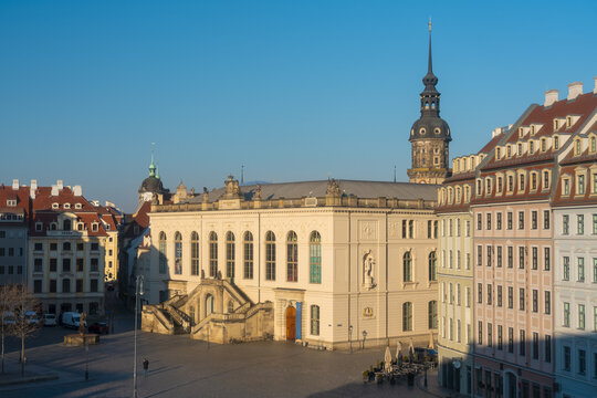 View of Altmarkt square buildings gleam under a clear sky with a baroque tower rising amidst the architectural harmony, Dresden, Saxony, Germany.