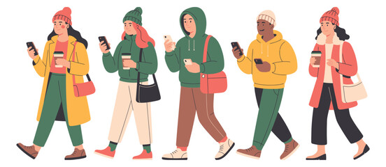 People walking in winter clothes vector illustration depicting a diverse group of five adults enjoying winter outdoors while using smartphones and holding coffee, flat vector style