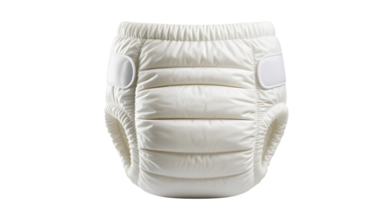 A pristine white baby diaper, designed with soft, comfortable elastic waistbands and side tabs, presented on clean background