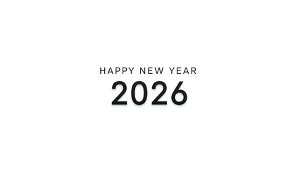 Minimalist Happy New Year 2026 text on a clean white background. Simple, modern, and elegant greeting for the upcoming year.