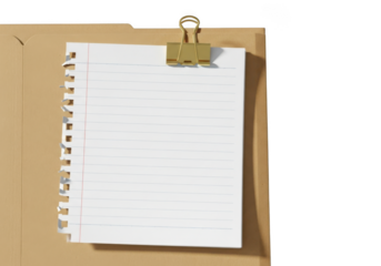 A blank lined notepad page held by a gold binder clip on a brown folder, isolated on transparent background