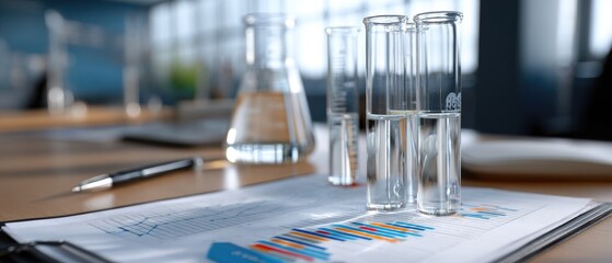 High-resolution science laboratory background featuring double exposure of test tubes, beakers, and analytical charts on a blue glass surface, perfect for research themes
