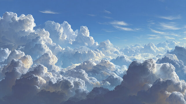 A vast expanse of fluffy clouds floating in the bright blue sky. The sunlight illuminates the clouds creating a beautiful aerial view. 