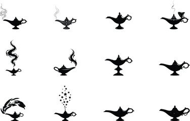 Collection of 12 black oil lamp silhouettes with smoke on white background