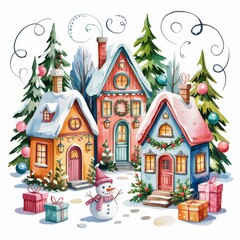 Festive seasonal illustration featuring colorful holiday houses, tall decorated evergreen trees, and a soft snowy setting.