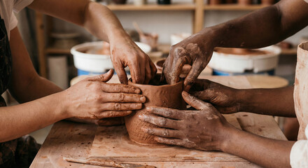 Diverse Hands Shaping Clay Together in a Pottery Workshop