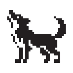 A pixelated black and white image depicting the side profile of a howling wolf
