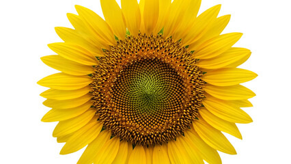 Vibrant sunflower bloom with bright yellow petals and dark brown center against white background, showcasing